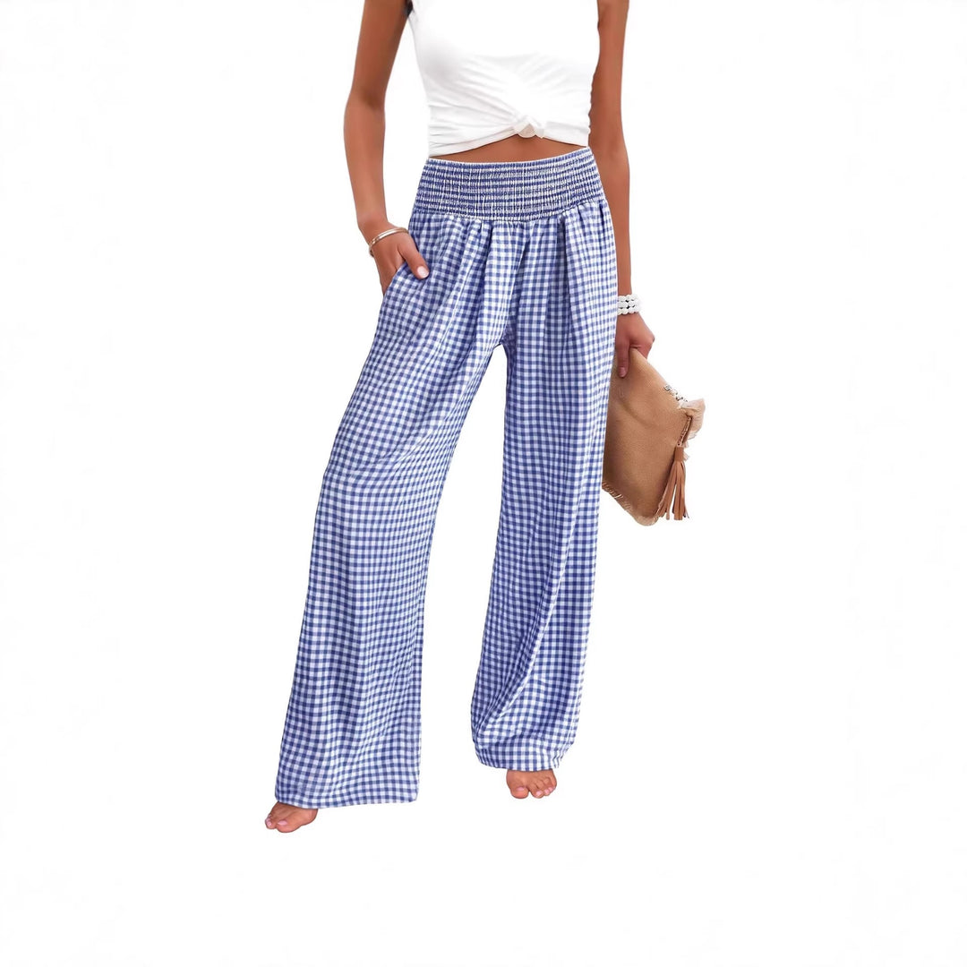 Damen Leichte Palazzo‑Hose mit Smokbund, weitem Bein und Karo‑Print Drune