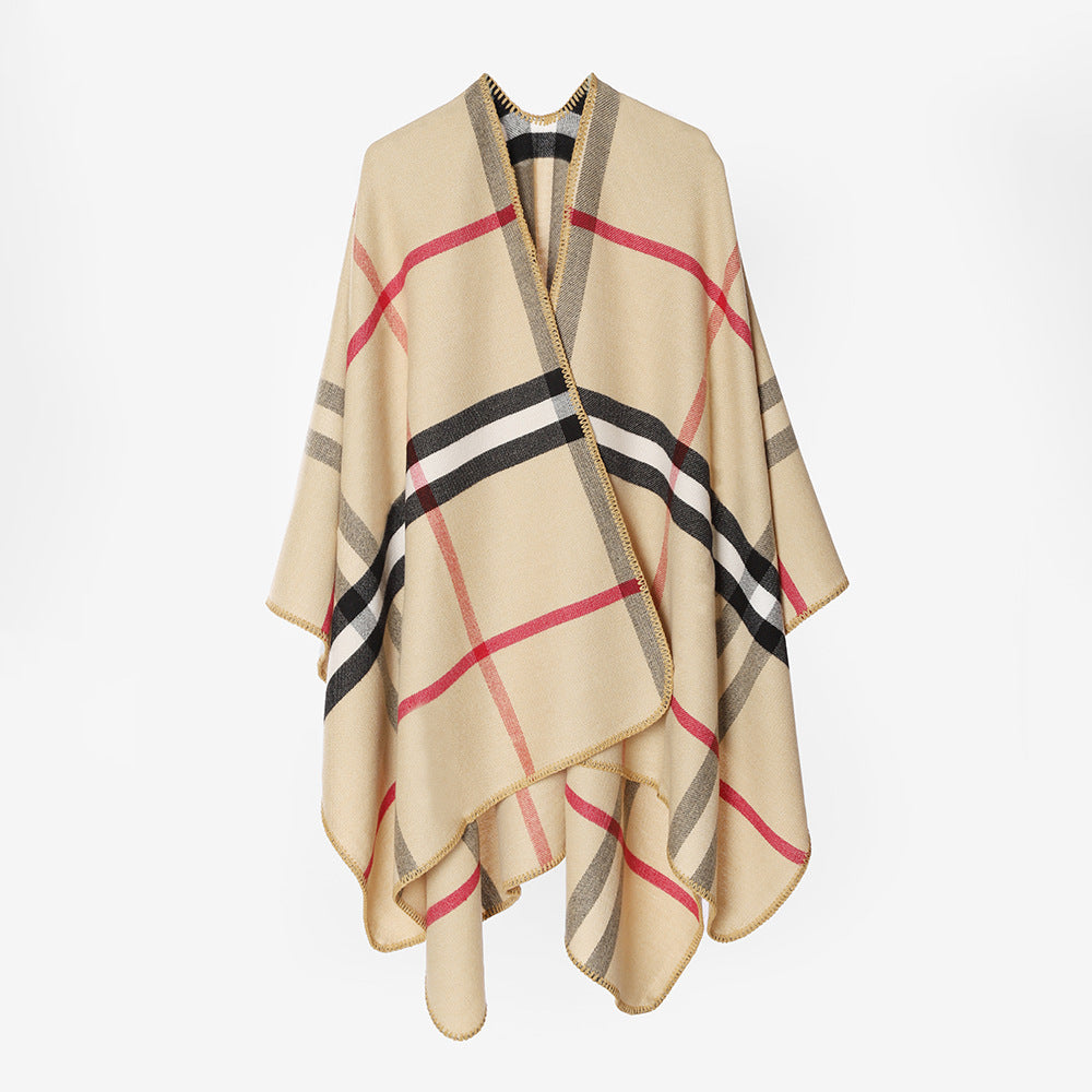 Damen Karierter Wollmix‑Poncho im Oversize‑Cape‑Schnitt mit Zierstichkante Drune