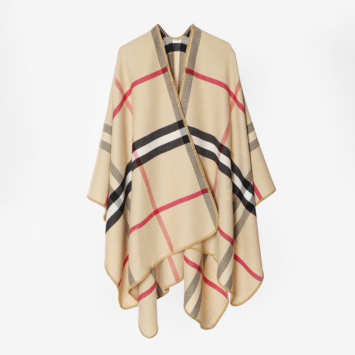 Damen Karierter Wollmix‑Poncho im Oversize‑Cape‑Schnitt mit Zierstichkante Drune