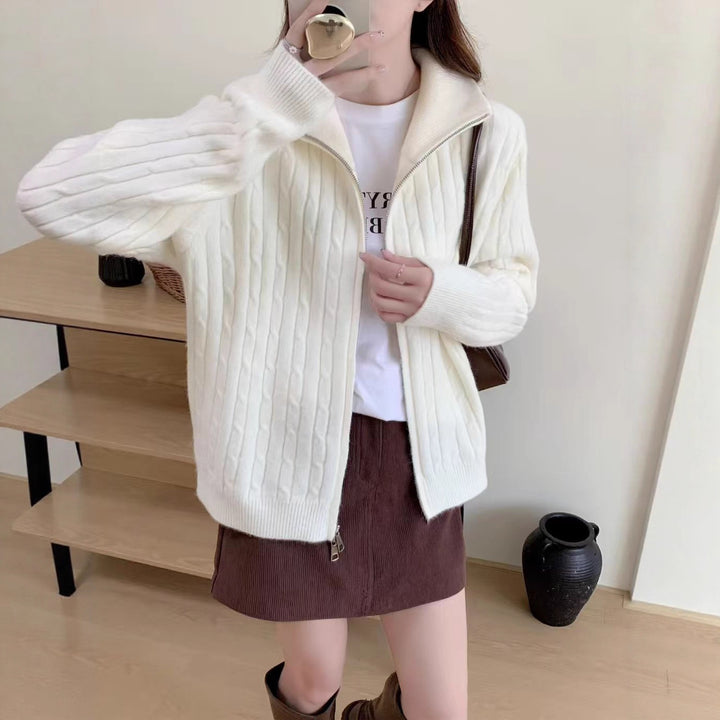 Damen Strickjacke mit modernem Zipper und dekorativem Kabelmuster Drune