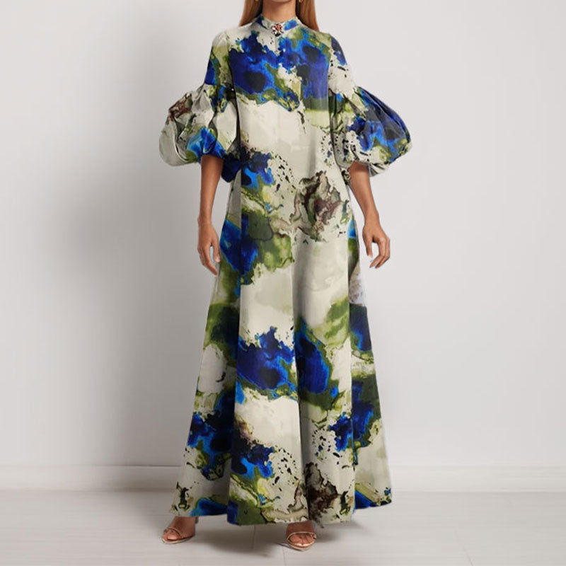 Damen Maxi-Kleid mit Volantärmeln und abstraktem Muster Drune