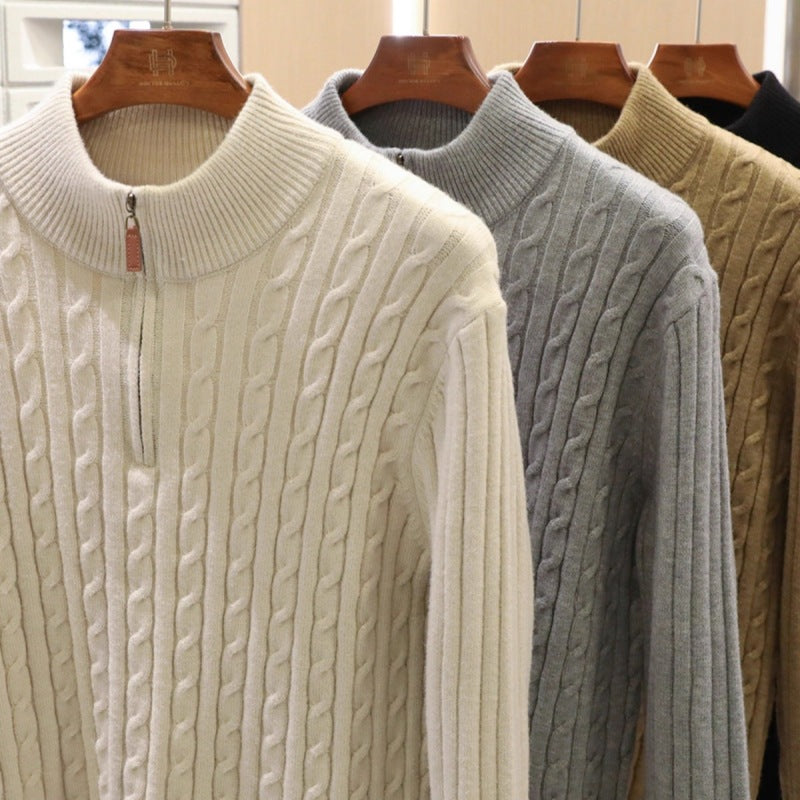 Herren Feinstrick-Pullover mit Zopfmuster und Halbzip-Stehkragen Drune