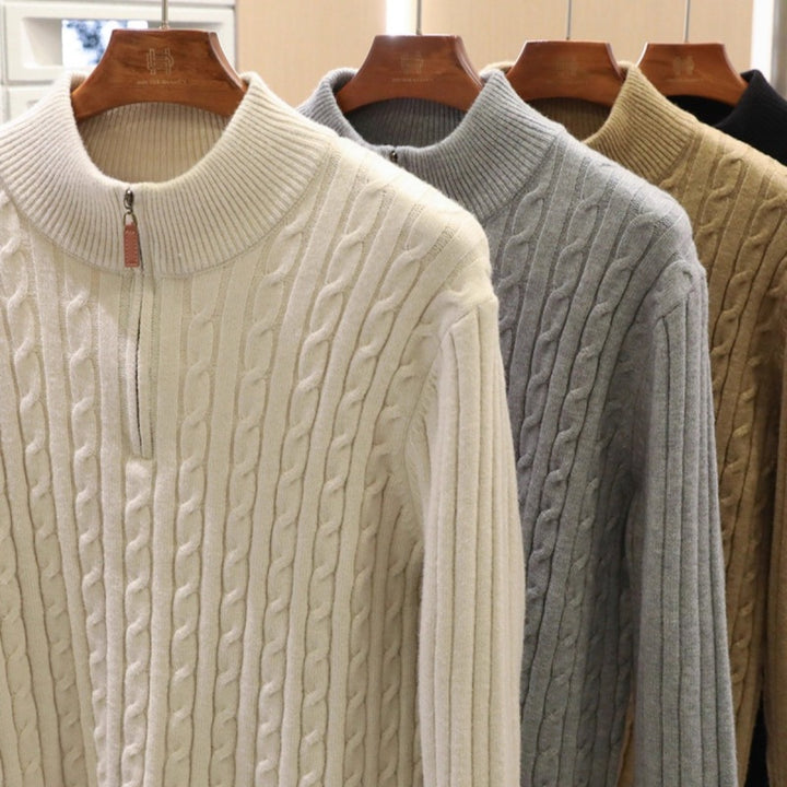 Herren Feinstrick-Pullover mit Zopfmuster und Halbzip-Stehkragen Drune