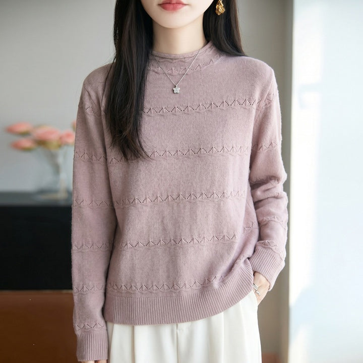 Damen Leichter Ajourstrick-Pullover mit kurzem Stehkragen und feinem Rippsaum Drune