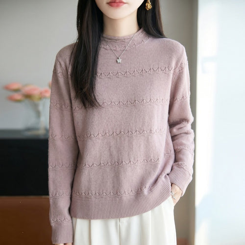 Damen Leichter Ajourstrick-Pullover mit kurzem Stehkragen und feinem Rippsaum Drune