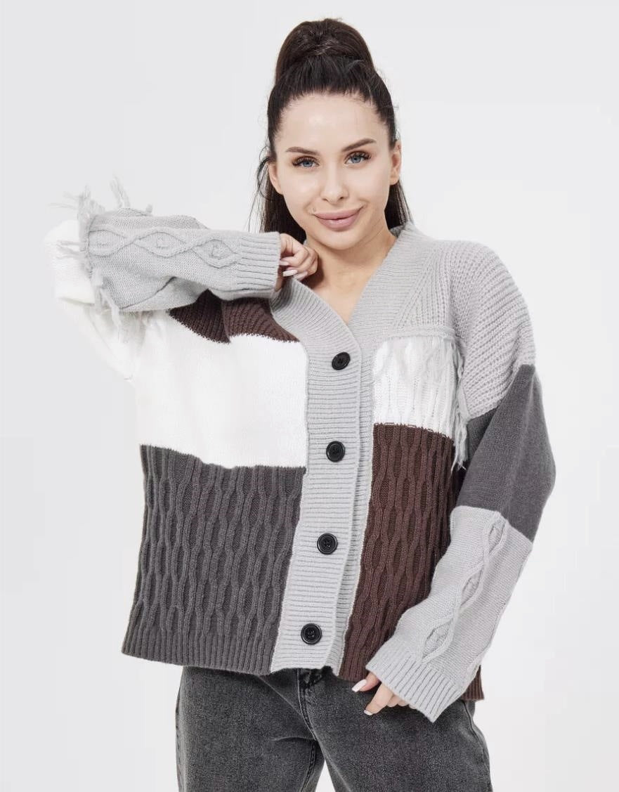 Damen grob gestrickter Cardigan mit modischem Farbblockdesign und Knopfleiste Drune