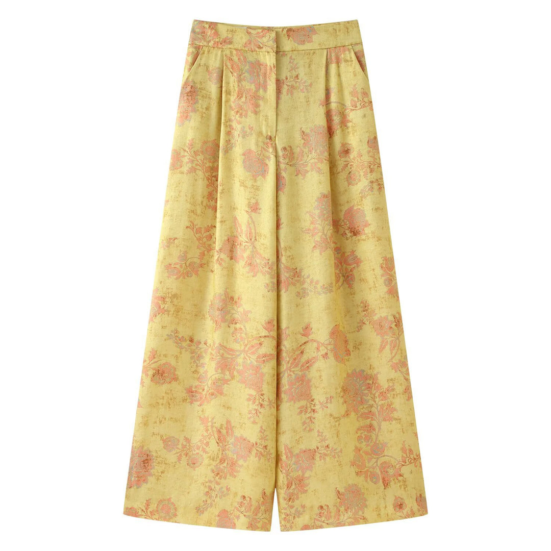 Damen Hochtaillierte weite Palazzo-Hose aus Brokat mit floralem Jacquardmuster Drune