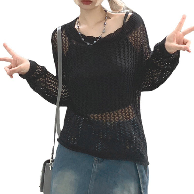 Damen luftiger Strickpullover mit feinem Netzmuster Drune