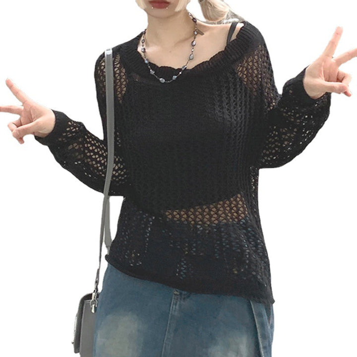 Damen luftiger Strickpullover mit feinem Netzmuster Drune