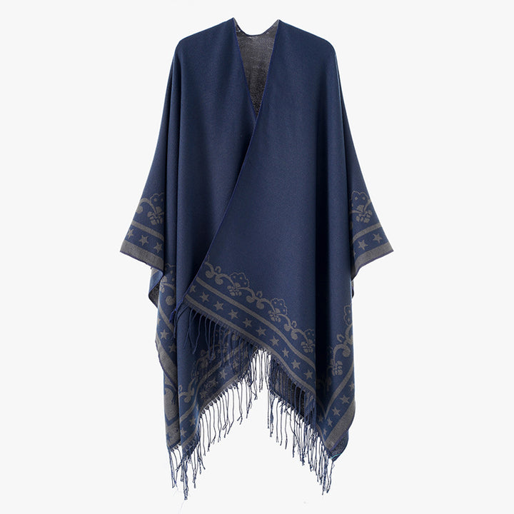 Damen Überwurfponcho aus Wollmix mit dezentem Jacquardbordüren‑Muster und Fransensaum Drune
