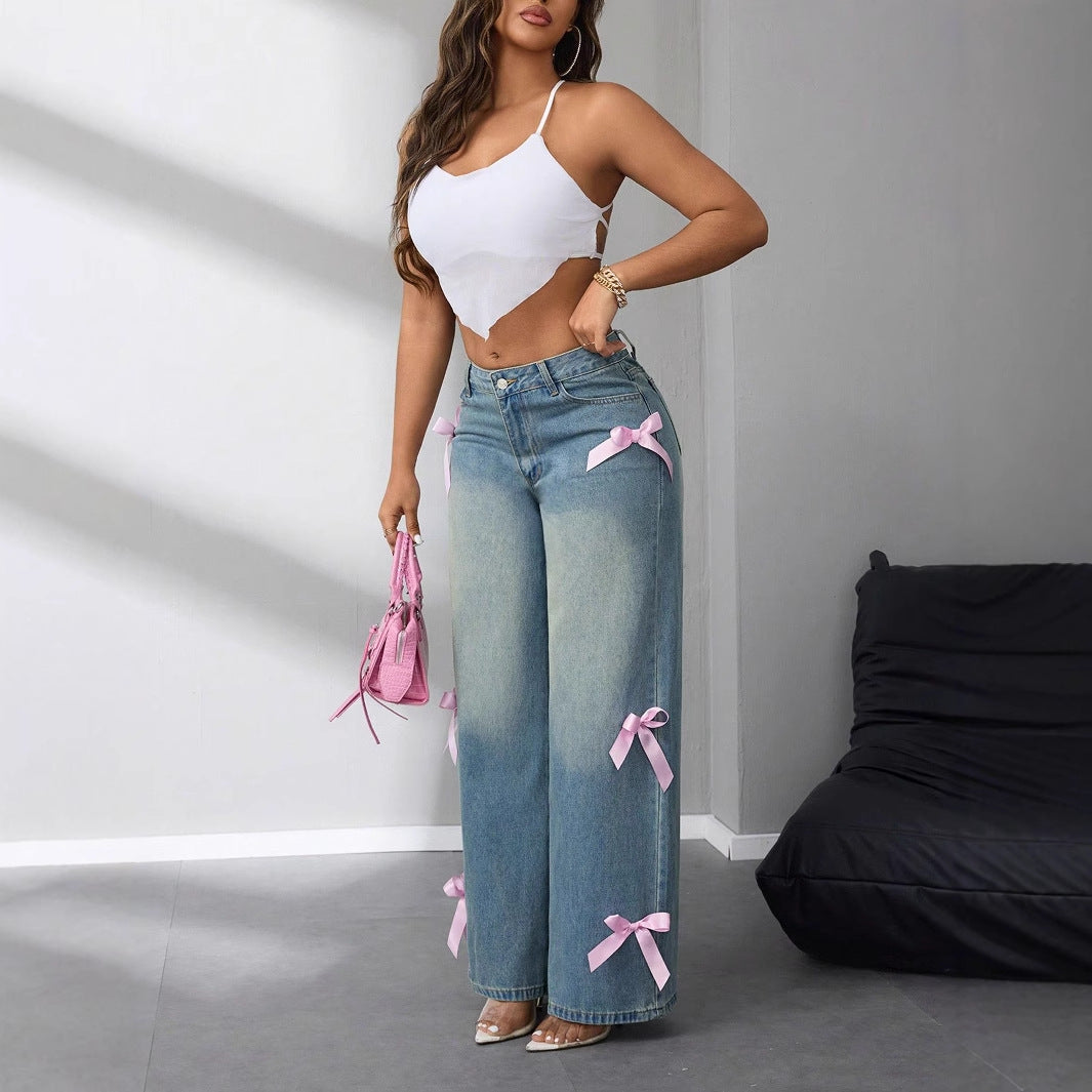 Damen weite High-Waist Jeans mit dekorativen Schleifenapplikationen Drune