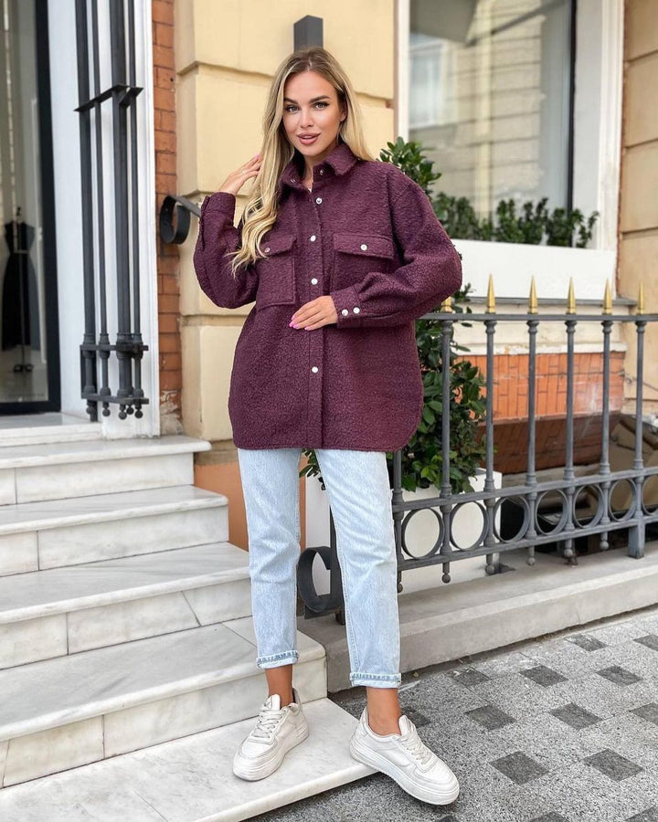 Damen Oversized Teddy-Übergangsjacke mit Brusttaschen und Druckknöpfen Drune