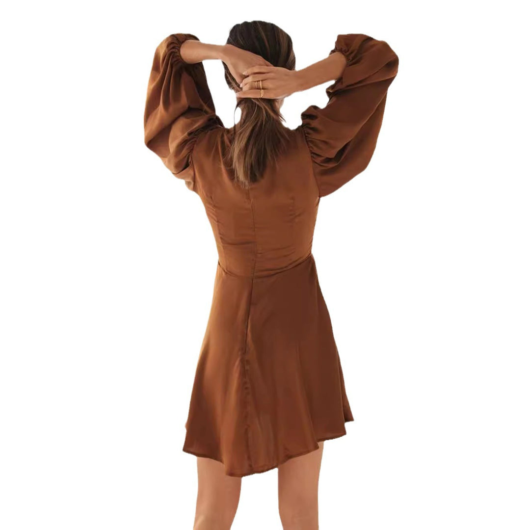 Damen romantisches Minikleid mit tiefem V-Ausschnitt und voluminösen Ärmeln Drune