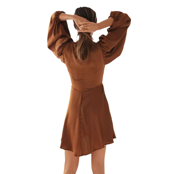 Damen romantisches Minikleid mit tiefem V-Ausschnitt und voluminösen Ärmeln Drune