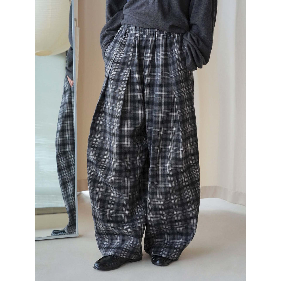 Damen Weite karierte Palazzo-Hose mit Bundfalten und elastischem Bund Drune