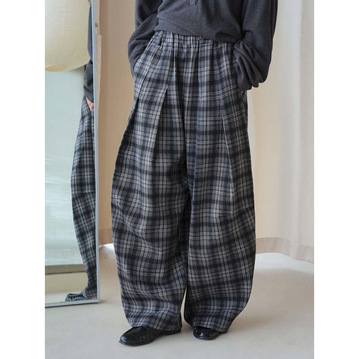 Damen Weite karierte Palazzo-Hose mit Bundfalten und elastischem Bund Drune