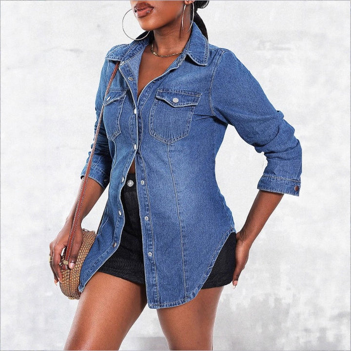 Damen tailliertes Denim‑Hemd mit Pattentaschen und Druckknopf‑Front Drune