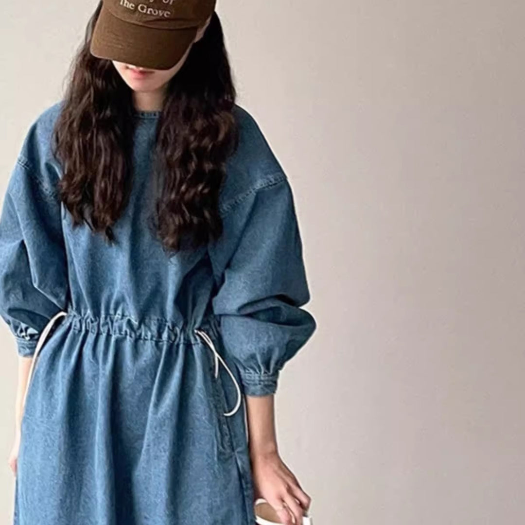 Damen Denim-Midikleid mit Kordelzugtaillierung Drune