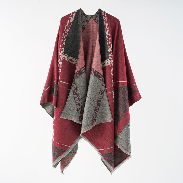 Damen Oversize Cape-Überwurf mit jacquardgewebten Patchmotiven und Fransensaum Drune