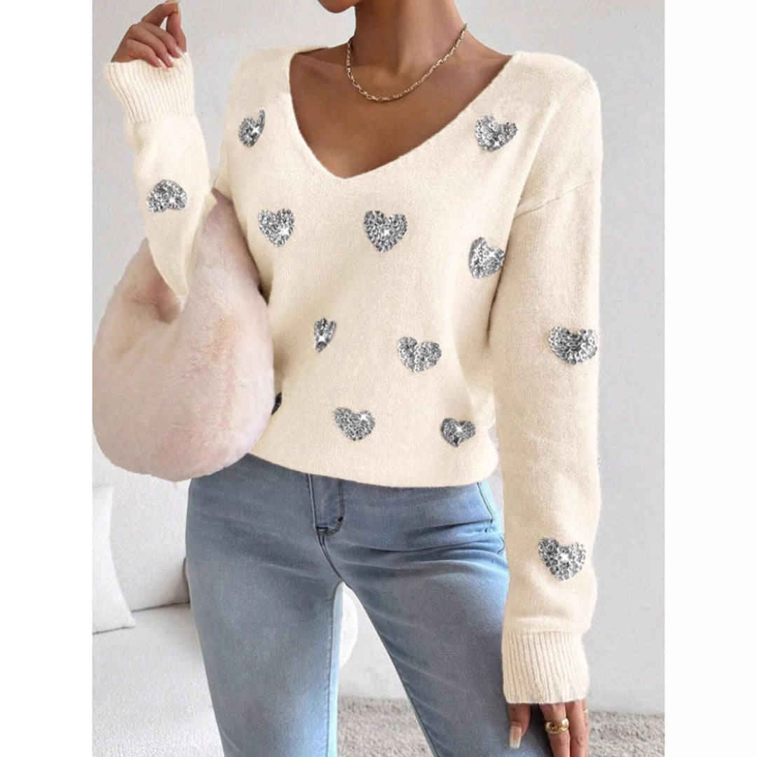 Damen Oversized Pullover mit tiefem V-Ausschnitt und Herzmotiv Drune