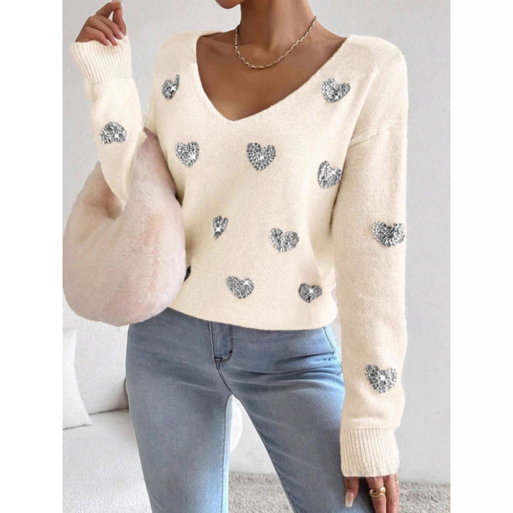 Damen Oversized Pullover mit tiefem V-Ausschnitt und Herzmotiv Drune