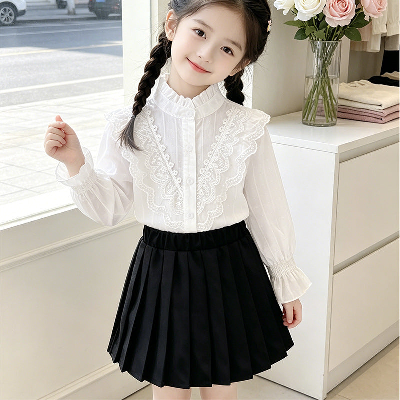 Mädchen elegante Bluse mit Rüschendetails und Spitzenbesatz Drune