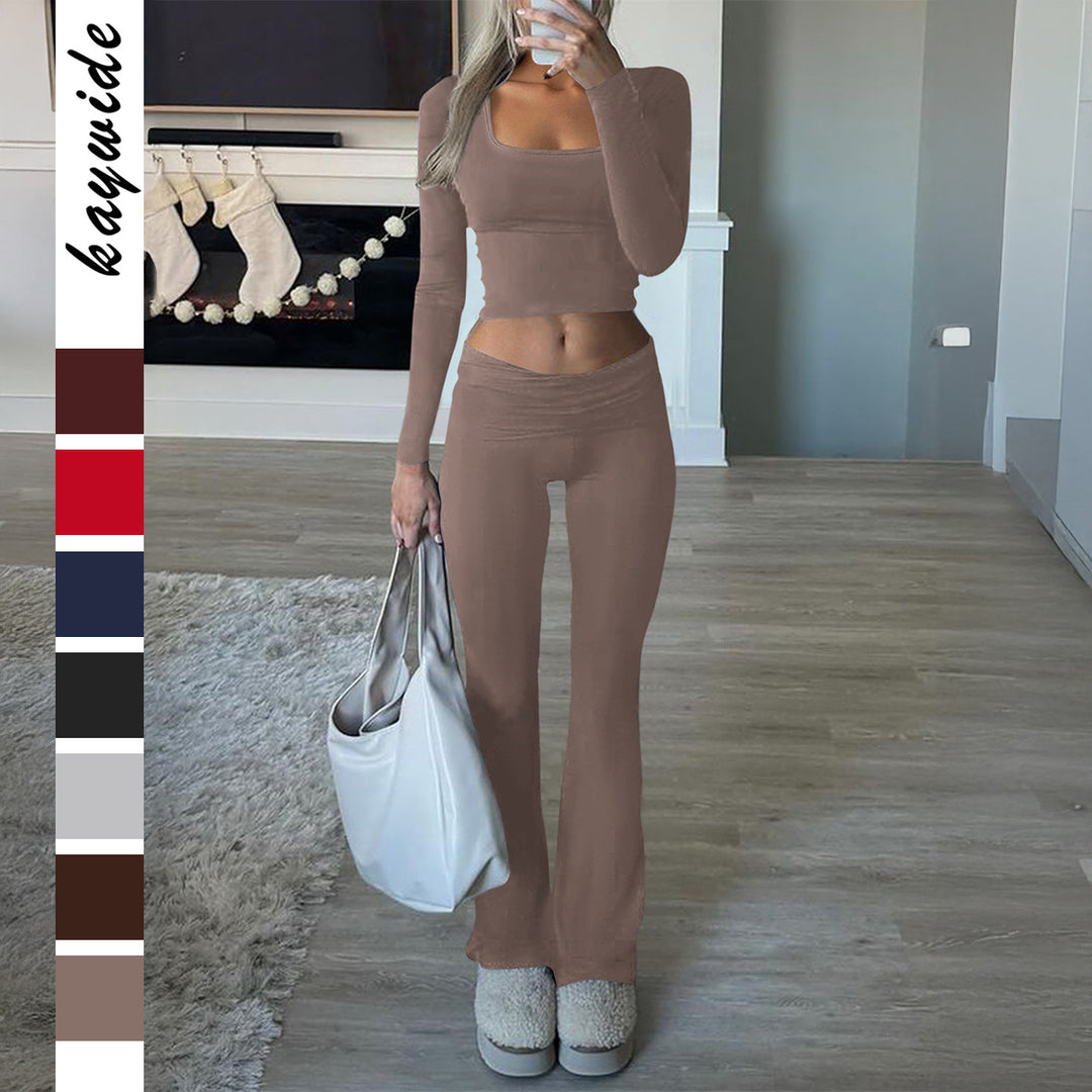 Damen nan figurbetontes Cropped-Set mit langärmeligem Top mit quadratischem Ausschnitt und ausgestellter High‑Waist Yoga-Hose Drune
