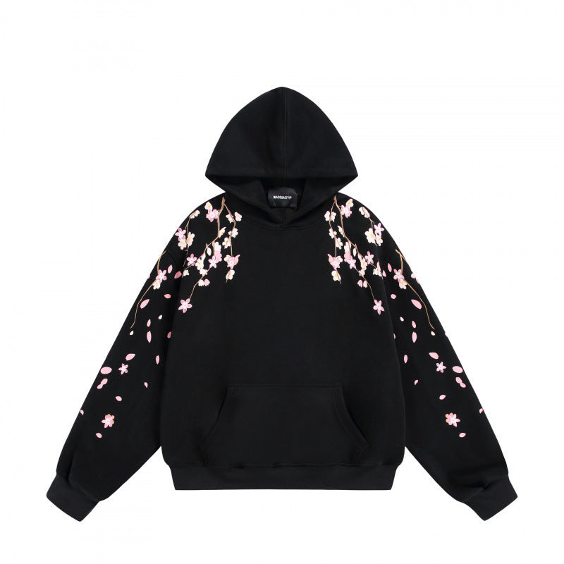 Unisex Oversize-Kapuzensweatshirt mit Kirschblüten-Print, Kängurutasche und lockerem Schnitt Drune