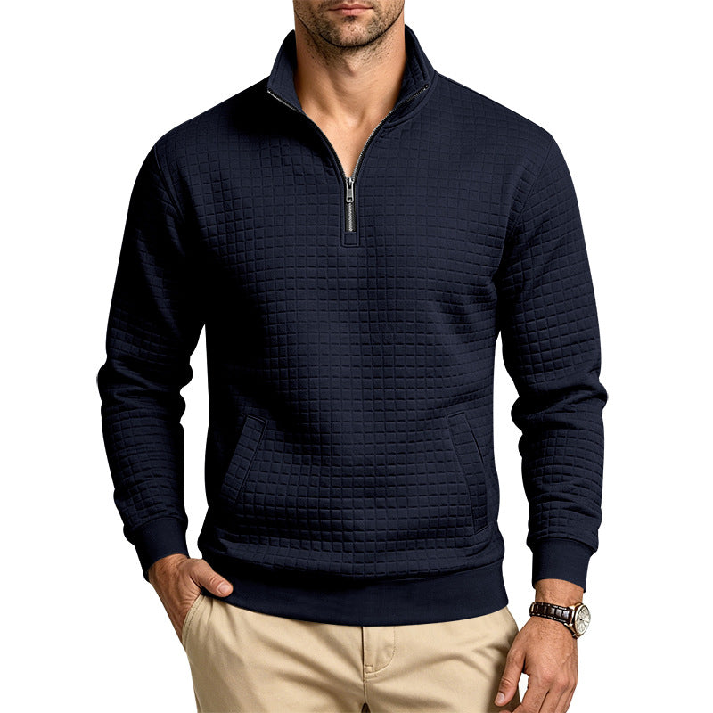 Herren Strukturiertes Stehkragen-Halbzip-Sweatshirt mit Karomuster und Kängurutasche Drune