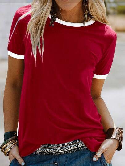 Damen lässiges T-Shirt mit kontrastierendem Rundhalsausschnitt und bequemer Passform Drune