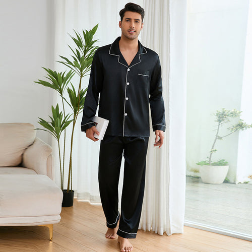 Herren Satin Schlafanzug-Set mit klassischem Kragen und eleganten Kontrastnähten Drune