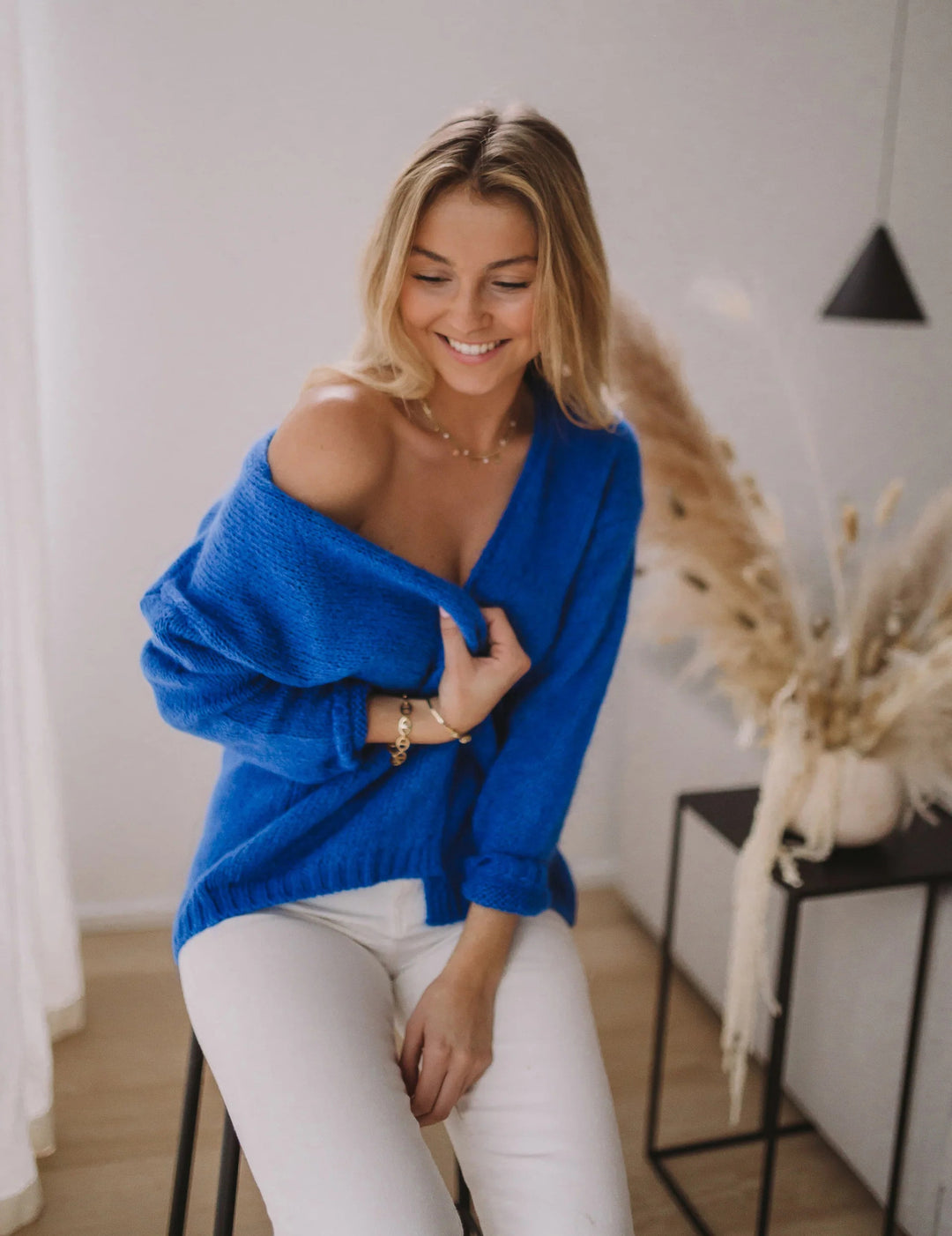 Damen gemütlicher Oversized-Pullover mit tiefem V-Ausschnitt und weicher Textur Drune