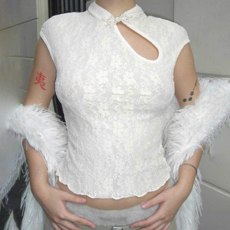Damen Spitzenoberteil mit hochgeschlossenem Kragen und floralem Design Drune