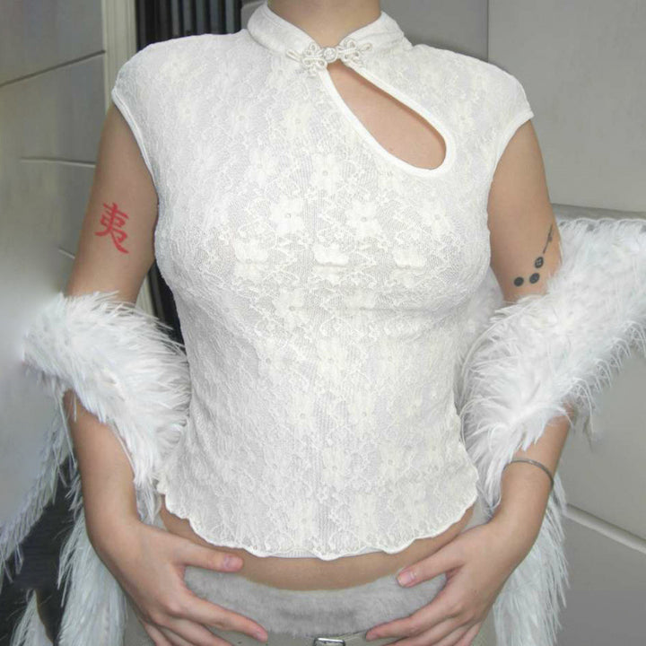 Damen Spitzenoberteil mit hochgeschlossenem Kragen und floralem Design Drune
