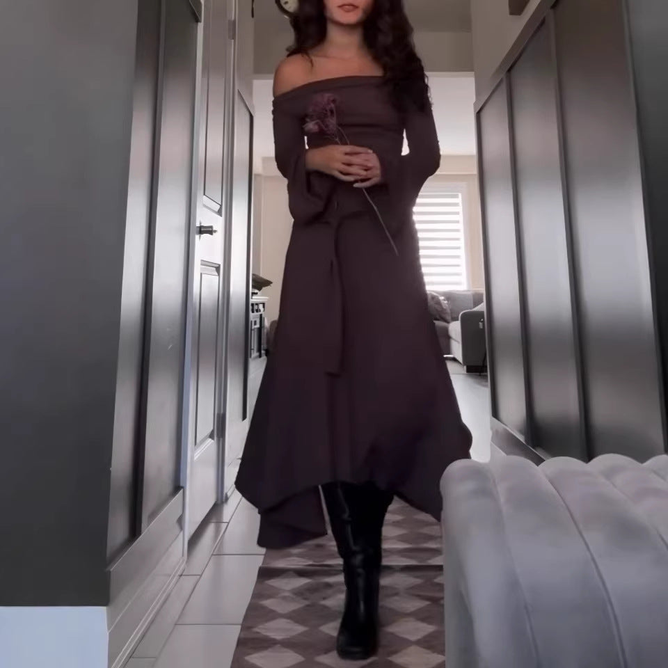 Damen Asymmetrisches Midikleid mit Wasserfallkragen, Glockenärmeln und seitlichem Ringdetail Drune