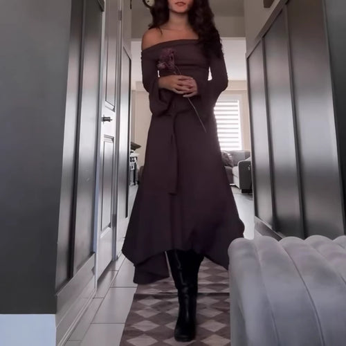 Damen Asymmetrisches Midikleid mit Wasserfallkragen, Glockenärmeln und seitlichem Ringdetail Drune