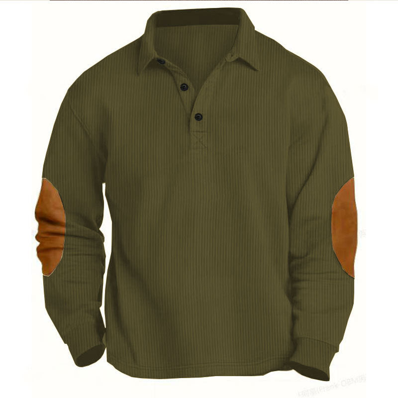 Herren nan legeres Langarm-Poloshirt mit Hemdkragen, kurzer Knopfleiste, feiner Struktur und Velours-Ellenbogenbesatz Drune