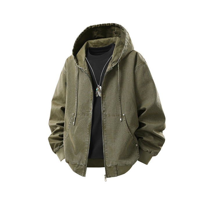 Herren Oversize Kapuzenjacke aus gewaschenem Canvas mit Reißverschluss und Utility-Taschen Drune