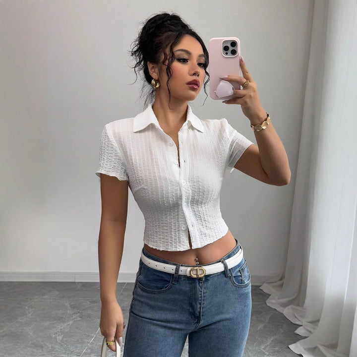 Damen nan taillierte bauchfreie Kurzbluse mit Kreppstruktur Hemdkragen und Knopfleiste Drune