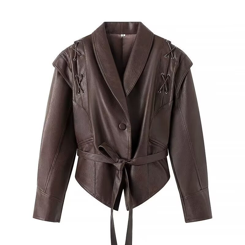 Damen Kurzblazer-Lederjacke mit Schalkragen, Taillengürtel und Schnürdetail Drune