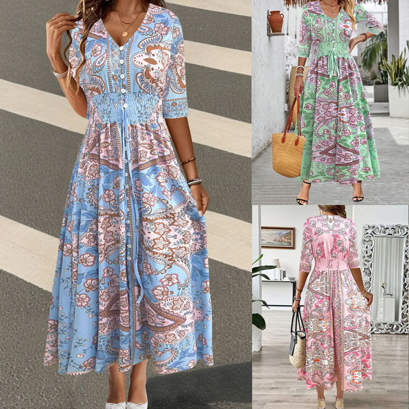 Damen Maxikleid mit Paisley‑Print, V‑Ausschnitt, Smok‑Taillenband und 3/4‑Ärmeln Drune