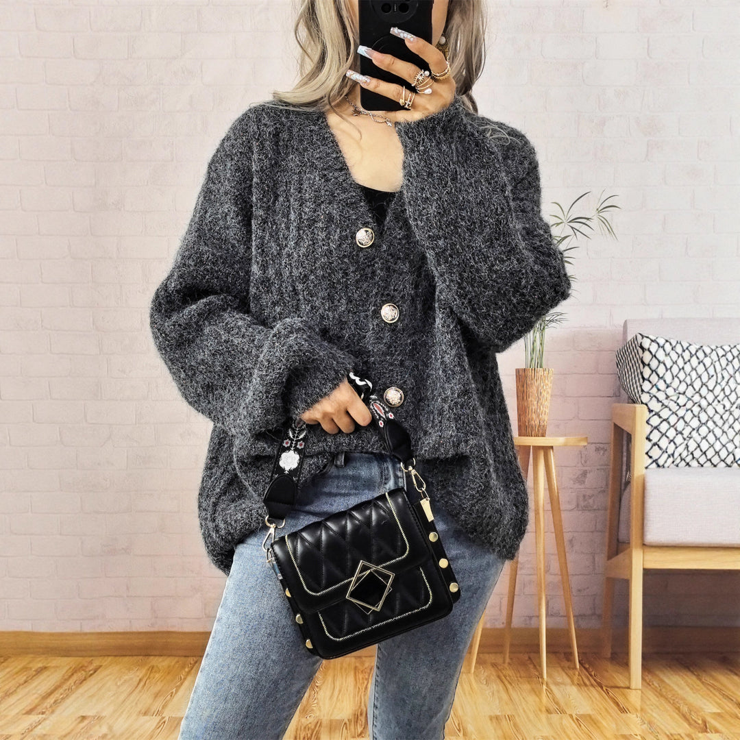 Damen Grobstrickjacke mit modischen Knöpfen und lässigem Schnitt Drune