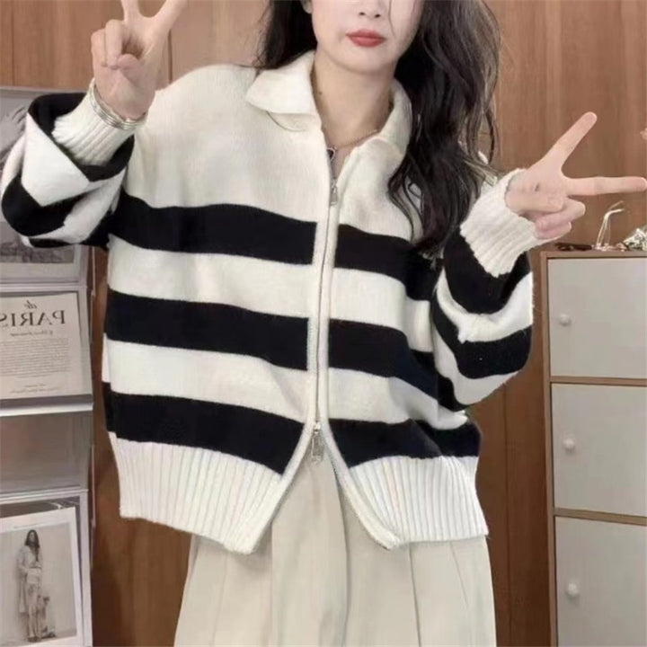 Damen lässige Cardiganjacke mit Reißverschluss und breiten Streifen Drune