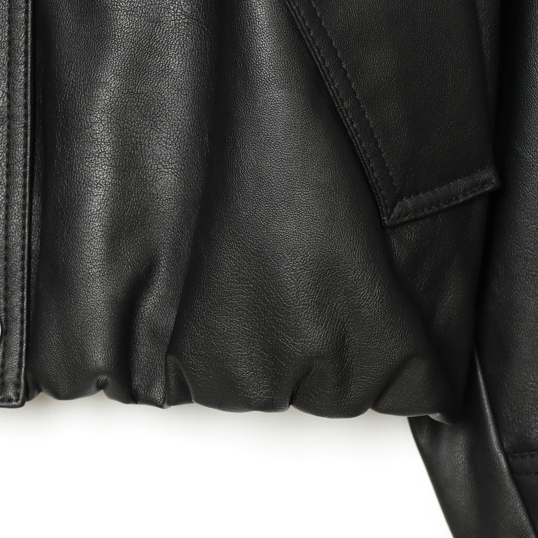 Damen Cropped Kunstleder-Fieldjacke mit hohem Stehkragen, Schulterriegeln und elastischem Saum Drune