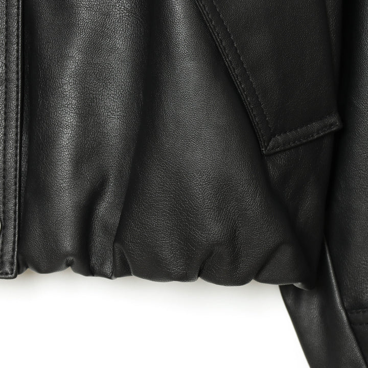 Damen Cropped Kunstleder-Fieldjacke mit hohem Stehkragen, Schulterriegeln und elastischem Saum Drune