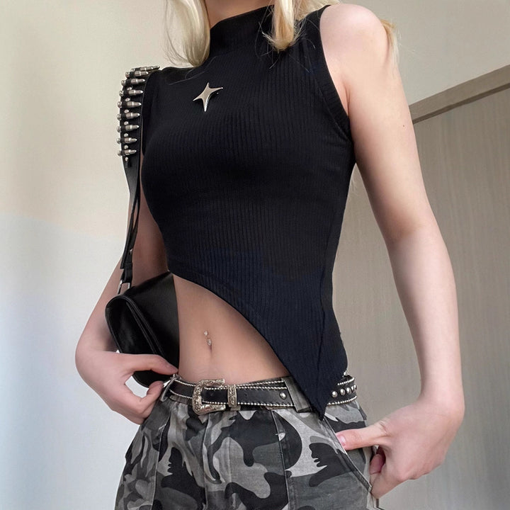Damen modernes asymmetrisches Oberteil mit elegantem Stehkragen und metallischen Akzenten Drune