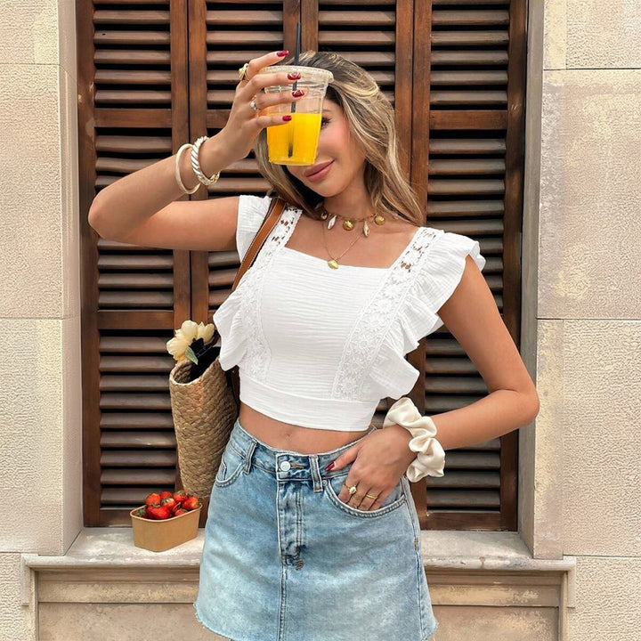 Damen Crop-Top mit romantischer Spitzenverzierung Drune