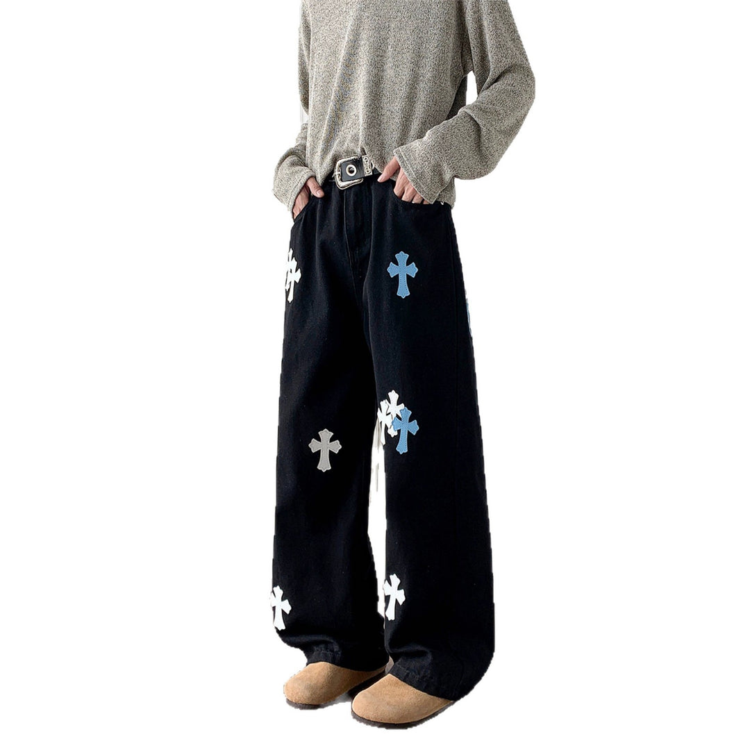 Damen Weitgeschnittene Denim-Hose mit kreativem Kreuzdesign Drune