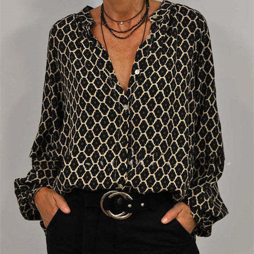 Damen Loose Fit Viskose-Mix Bluse mit V-Ausschnitt, Knopfblende und Ballonärmeln Drune