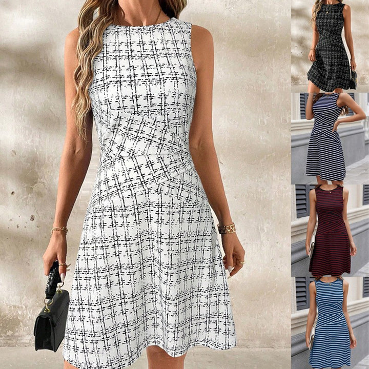 Damen Ärmelloses tailliertes A-Linien Kleid mit Rundhalsausschnitt und grafischem Karomuster Drune